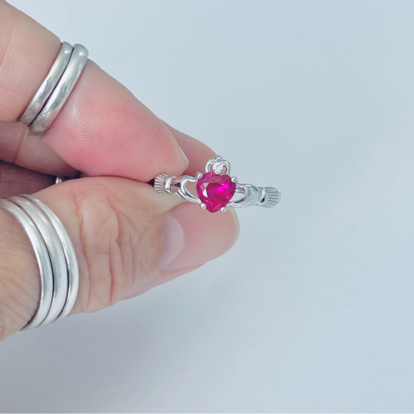 Sterling Silver Ruby CZ Heart Claddagh Ring, Silver Rings, July Birthstone, - Picture 6 of 12